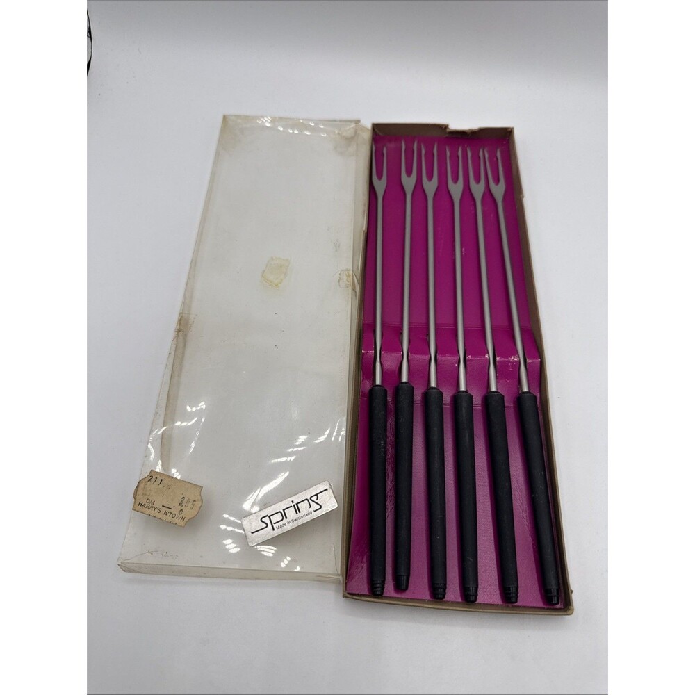 Vintage Spring Switzerland Fondue Fork Set/6 Original Box Black Handle Party